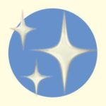 A duotoned dark purple and beige version of the Apple 'sparkles' emoji, in front of a dark blue circle shape in the centre of the image