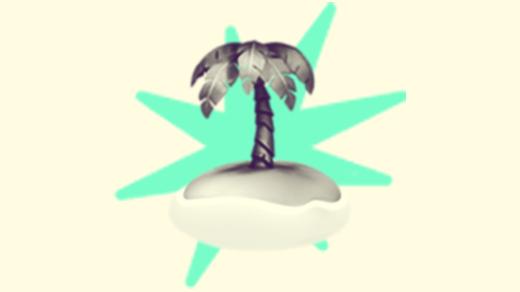 A duotoned dark purple and beige version of the Apple emoji of a desert island (showing a palm tree on a little mound), in front of a bright green starburst shape