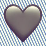 A duotoned dark purple and beige version of the Apple heart emoji, in front of a blue striped background