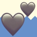 A duotoned dark purple and beige version of the Apple two hearts emoji, in front of a blue zig zag shape across the bottom