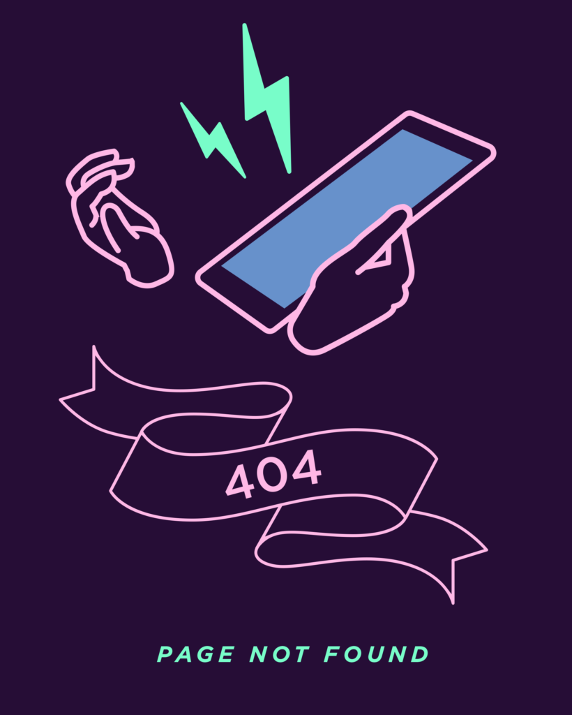 Illustration showing two hands holding an iPhone with two exclamatory lightning bolts flying out of it, and a "404" curly banner with "Page not found" written underneath