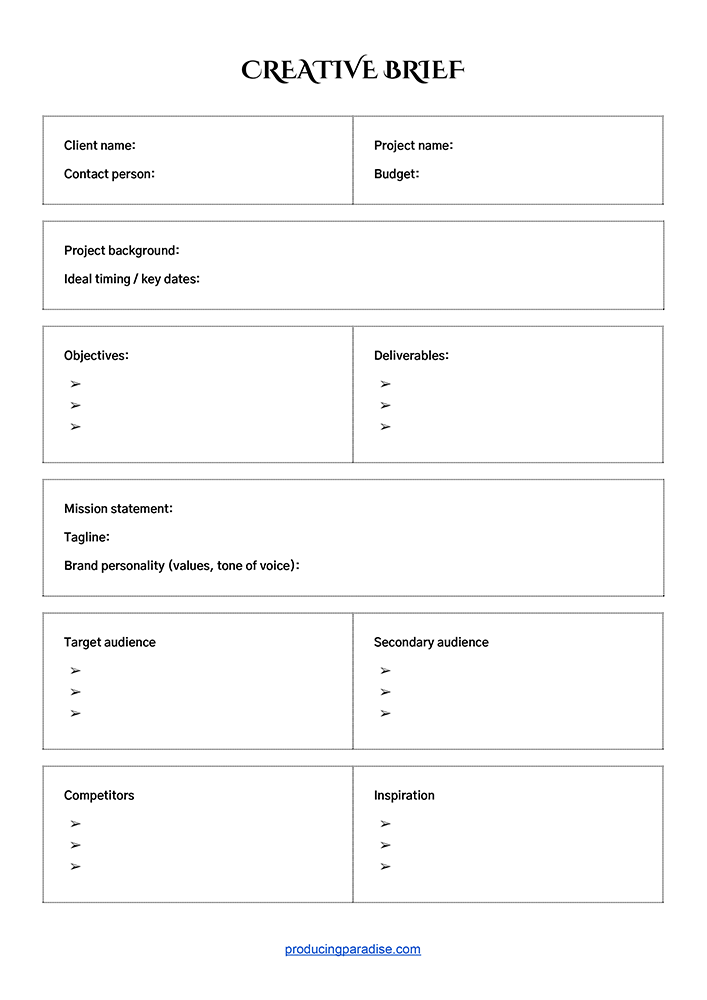 Screenshot of an A4 page entitled 'Creative Brief' including fields for: Client name, Contact person, Project name, Budget, Project background, Ideal timing / key dates, Budget, Objectives, Deliverables, Mission statement, Tagline, Brand personality (values, tone of voice), Target / secondary audience, Competitors, and Inspiration