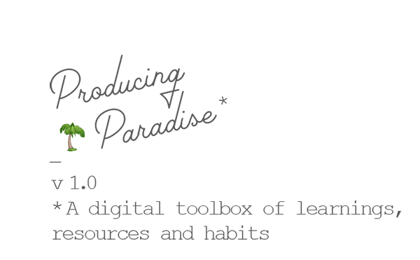 An animated GIF showing the words Producing Paradise with a palm tree icon beside it which is rotating between different versions of palm trees displayed by different devices, and text underneath which reads v1.0 A digital toolbox of learnings, resources and habits