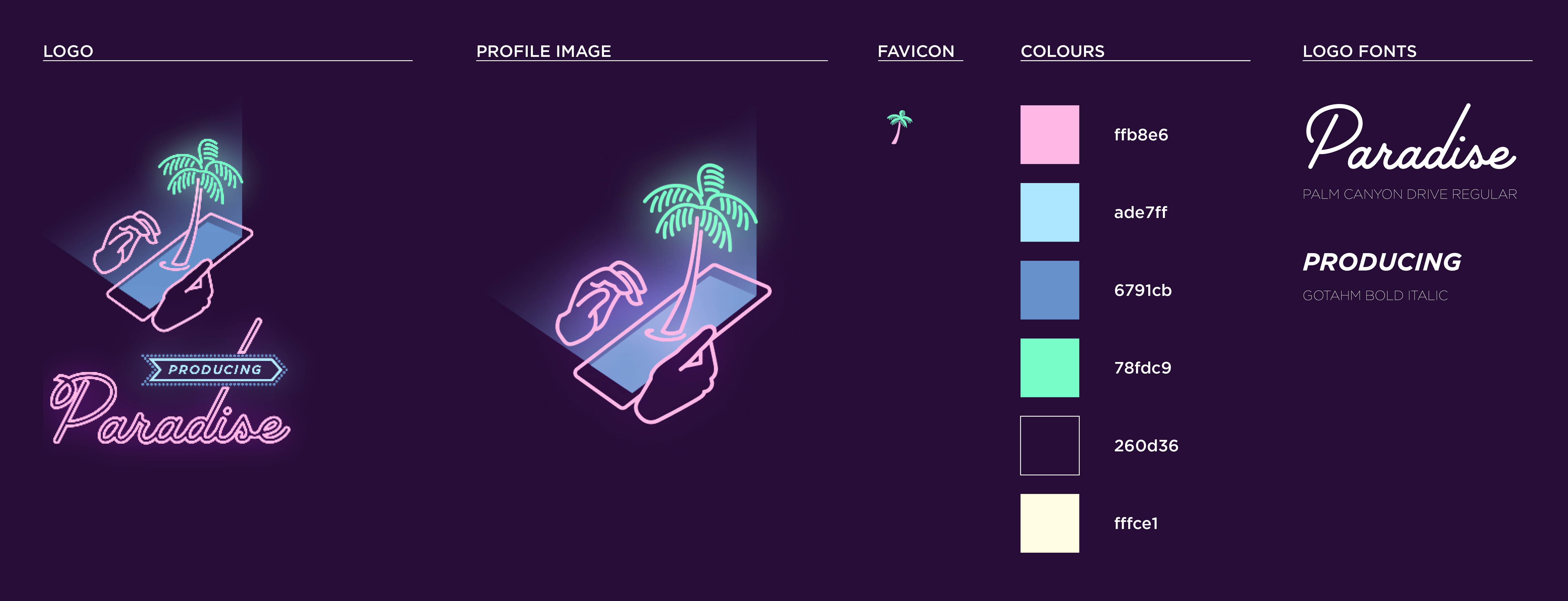 Screenshot of the Producing Paradise style guide showing logo, profile image, favicon, colours and fonts