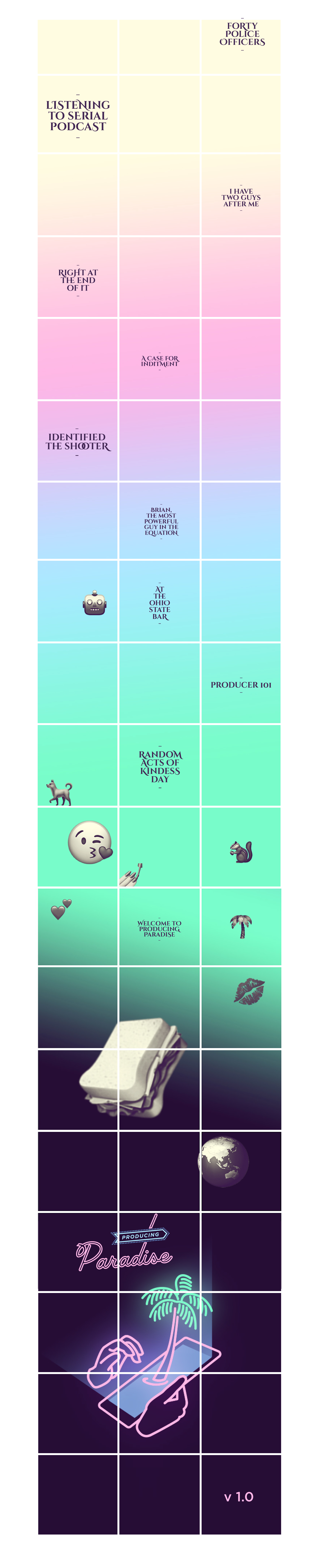 A mockup of an Instagram profile grid with dark purple squares at the bottom behind a 'Producing Paradise' logo, then the background cycles through colour gradients from bottom to top (neon green, baby blue, blush pink, to beige) and has dark purple duotone versions of Apple emoji randomly placed throughout the grid, as well as post title text