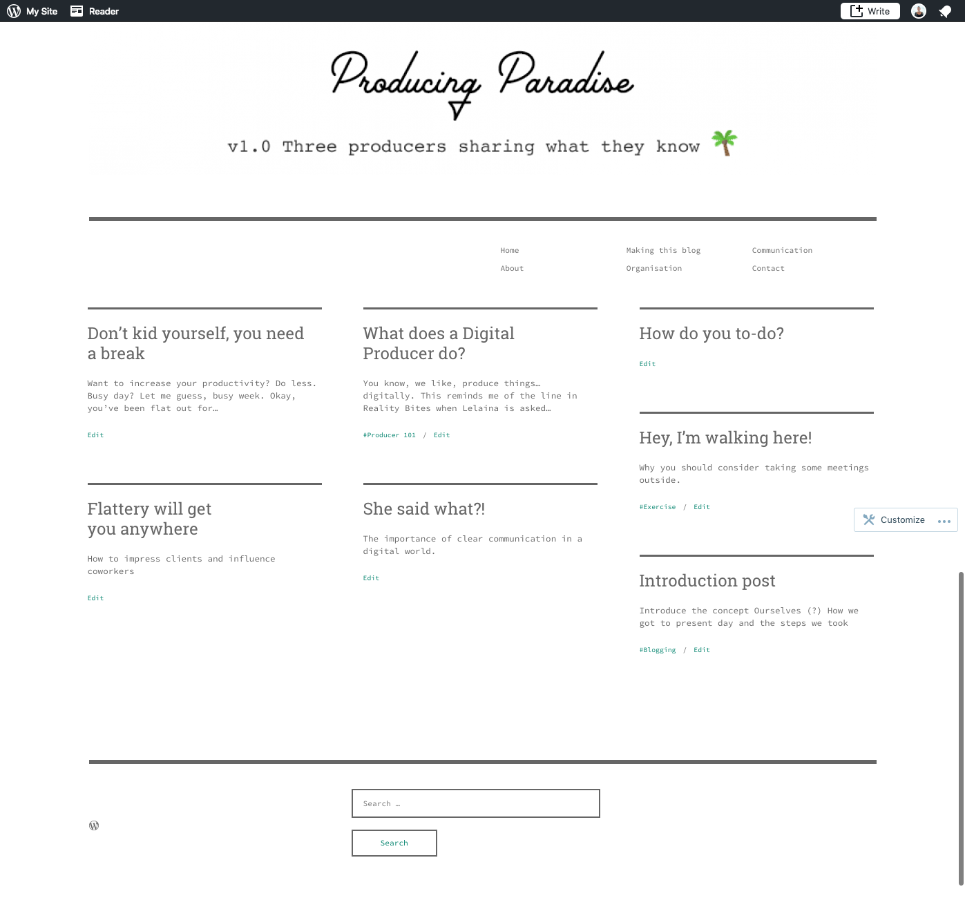 A screenshot of Producing Paradise blog in a grid layout using a free WordPress.com theme