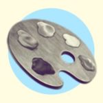 A duotoned dark purple and beige version of the Apple 'artist palette' emoji, in front of a light blue circle