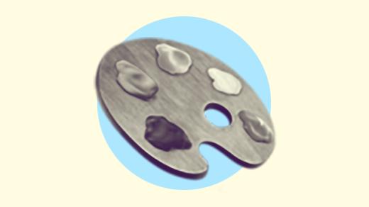 A duotoned dark purple and beige version of the Apple 'artist palette' emoji, in front of a light blue circle