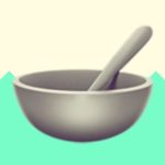 A duotoned dark purple and beige version of the Apple 'bowl and spoon' emoji, in front of a bright green zig zag shape across the bottom of the image