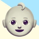 A duotoned dark purple and beige version of the Apple 'baby' emoji, in front of a light blue triangle shape in the top right corner of the image