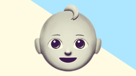 A duotoned dark purple and beige version of the Apple 'baby' emoji, in front of a light blue triangle shape in the top right corner of the image