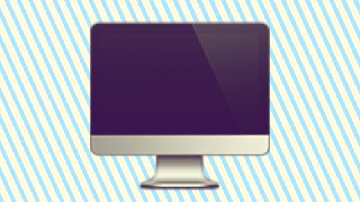 A duotoned dark purple and beige version of the Apple 'desktop computer' emoji (which looks like an Apple iMac), in front of a light blue stripe background