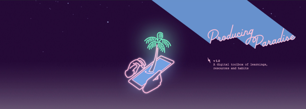 A deep purple background with neon looking pink line illustration of hands holding an iPhone with a palm tree seeming to grow out of the phone screen, and the words 'Producing Paradise' beaming down from the top right corner of the screen, leaving a trail of light blue behind it.