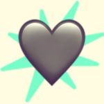A duotoned dark purple and beige version of the Apple heart emoji, in front of a bright green starburst shape