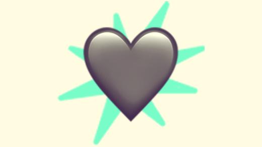 A duotoned dark purple and beige version of the Apple heart emoji, in front of a bright green starburst shape