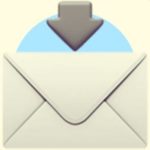 A duotoned dark purple and beige version of the Apple 'envelope with arrow above' emoji, in front of a light blue circle