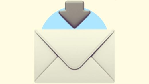 A duotoned dark purple and beige version of the Apple 'envelope with arrow above' emoji, in front of a light blue circle