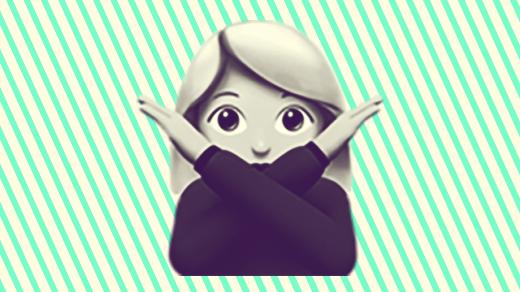 A duotoned dark purple and beige version of the Apple lady doing crossed arms emoji, in front of a green striped background