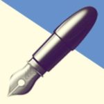 A duotoned dark purple and beige version of the Apple 'ink pen' emoji, in front of a blue triangle shape in the top right corner of the image