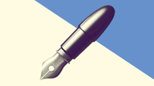 A duotoned dark purple and beige version of the Apple 'ink pen' emoji, in front of a blue triangle shape in the top right corner of the image
