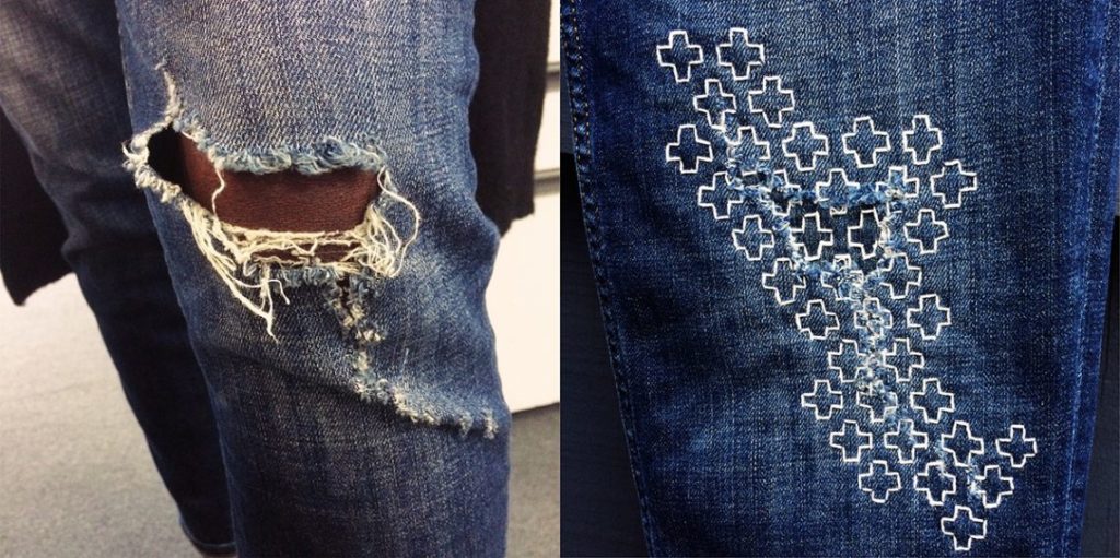 A photo of a ripped kneehole in a pair of jeans, beside a photo of white embroidered crosses at the knee of a pair of jeans, where a hole used to be.
