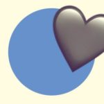A duotoned dark purple and beige version of the Apple heart emoji, in front of a blue circle background