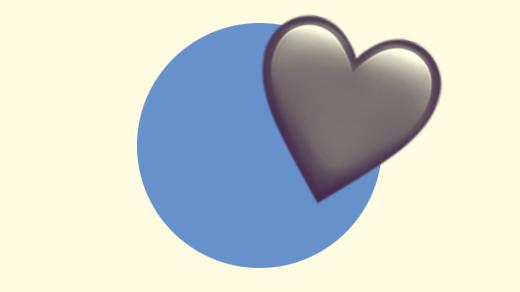 A duotoned dark purple and beige version of the Apple heart emoji, in front of a blue circle background