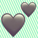 A duotoned dark purple and beige version of the Apple two hearts emoji, in front of a green striped background