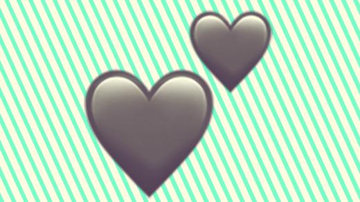 A duotoned dark purple and beige version of the Apple two hearts emoji, in front of a green striped background