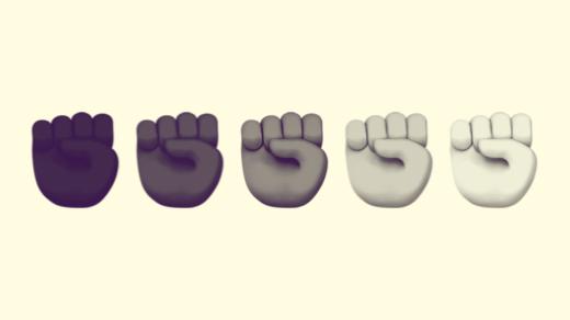 A duotoned dark purple and beige version of the Apple heart fist emoji in all five skin tone variations.