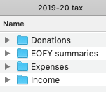 Screenshot of a Finder window containing a list of folders named 'Donations', 'EOFY summaries', 'Expenses' and 'Income'