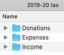 Screenshot of a Finder window containing a list of folders named 'Donations', 'Expenses' and 'Income'