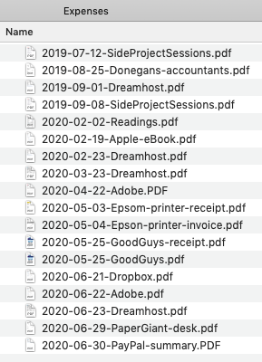 Screenshot of a Finder window containing a list of files such as '2019-07-12-SideProjectSessions.pdf' and others in the same format of YYYY-MM-DD-Name.pdf