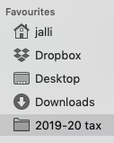 Screenshot of a Finder window sidebar showing items named 'Jalli', 'Dropbox', 'Desktop', 'Downloads' and '2019-20 tax'