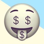 A duotoned dark purple and beige version of the Apple 'money-mouth face' emoji, in front of a light blue triangle shape in the top right corner of the image