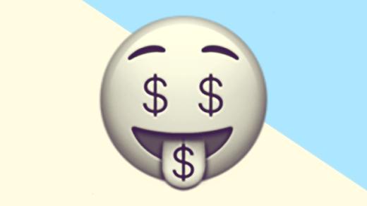 A duotoned dark purple and beige version of the Apple 'money-mouth face' emoji, in front of a light blue triangle shape in the top right corner of the image