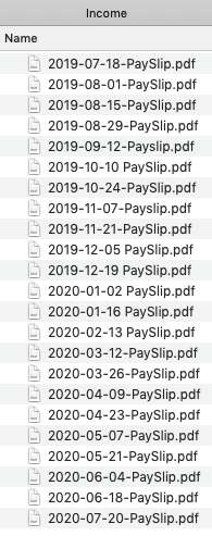 Screenshot of a Finder window containing a list of files such as '2019-07-18-PaySlip.pdf' and others in the same format of YYYY-MM-DD-PaySlip.pdf