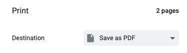 Screenshot of a Print dialogue box showing print Destination selected as 'Save as PDF'