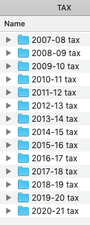 Screenshot of a Finder window containing a list of folders named '2007-08 tax', '2008-09 tax' and so on