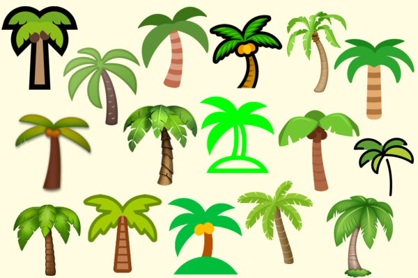 Compilation of 16 different palm tree emojis, each with the same basic trunk and leaves but with varying levels of detail, shape, colours and lines.