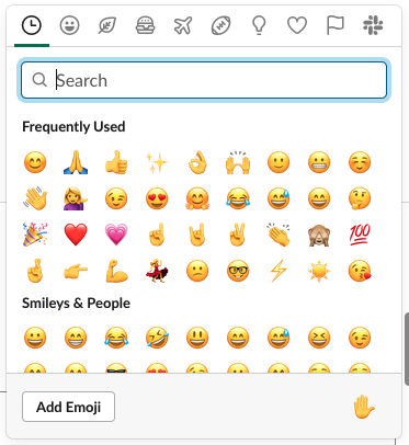 Screenshot of the ‘insert emoji’ screen in Slack showing 36 ‘Frequently Used’ emoji and an ‘Add Emoji’ button