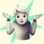 A duotoned dark purple and beige version of the Apple 'person shrugging' emoji, in front of a bright green starburst shape