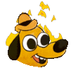 Illustration of a smiling dog wearing a hat and an animated burning fire flame in the background