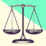 A duotoned dark purple and beige version of the Apple balancing scales emoji, in front of a bright green triangle across the top right corner