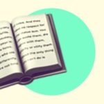 A duotoned dark purple and beige version of the Apple open book emoji, in front of a green circle background
