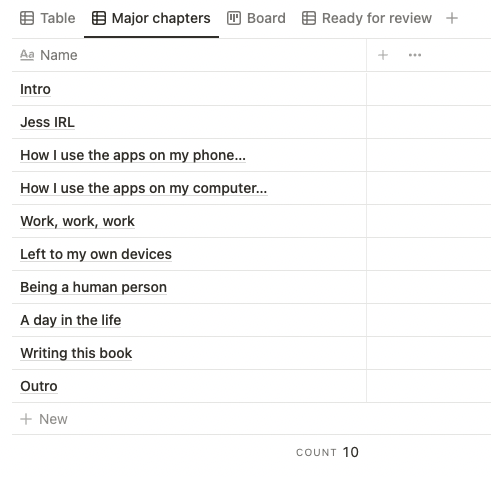 Screenshot of a Notion database showing table view of 'major chapters' with just the 'Name' field visible