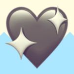 A duotoned dark purple and beige version of the Apple sparkling heart emoji, in front of a light blue zig zag shape across the bottom