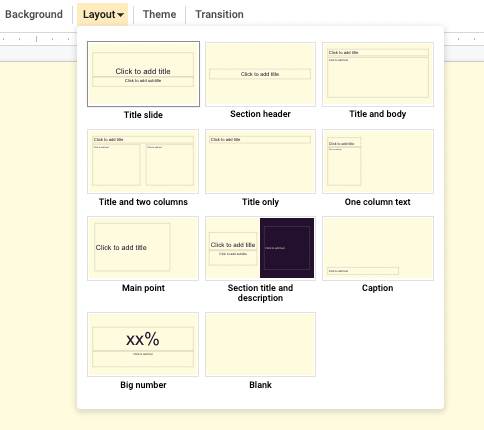 Screenshot of the layout selection dropdown in Google Slides