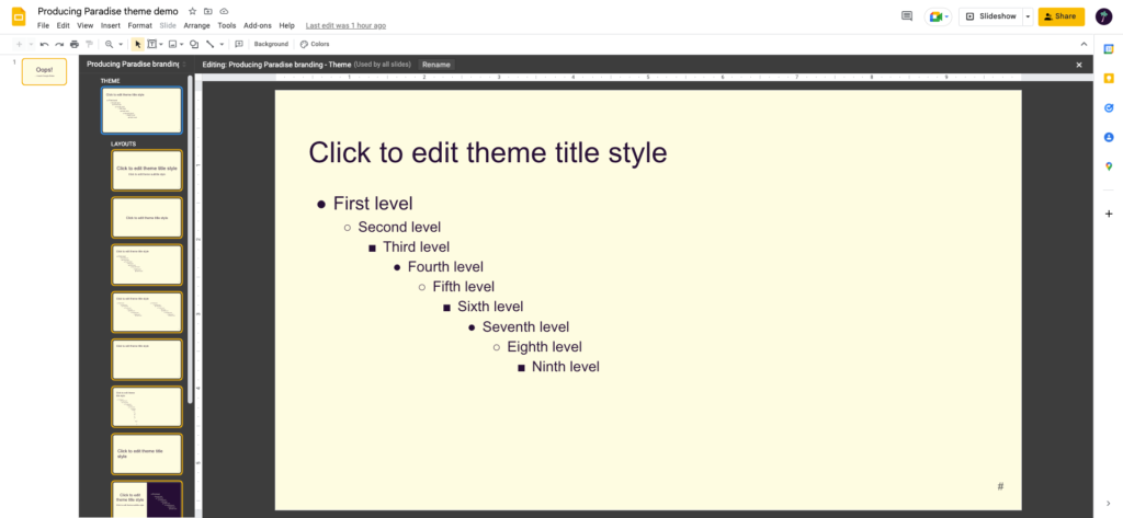Screenshot of a theme editing screen in Google Slides