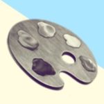 A duotoned dark purple and beige version of the Apple 'artist palette' emoji, in front of a light blue triangle across the top right corner